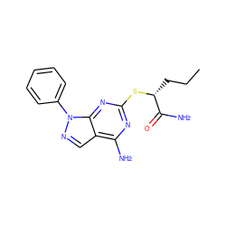 CCC[C@@H](Sc1nc(N)c2cnn(-c3ccccc3)c2n1)C(N)=O ZINC000013759712