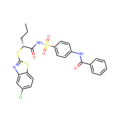 CCC[C@@H](Sc1nc2cc(Cl)ccc2s1)C(=O)NS(=O)(=O)c1ccc(NC(=O)c2ccccc2)cc1 ZINC000653740453