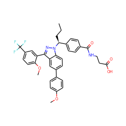 CCC[C@@H](c1ccc(C(=O)NCCC(=O)O)cc1)n1nc(-c2cc(C(F)(F)F)ccc2OC)c2cc(-c3ccc(OC)cc3)ccc21 ZINC000473091455