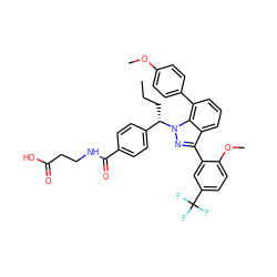 CCC[C@@H](c1ccc(C(=O)NCCC(=O)O)cc1)n1nc(-c2cc(C(F)(F)F)ccc2OC)c2cccc(-c3ccc(OC)cc3)c21 ZINC000473088522