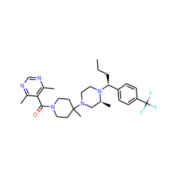 CCC[C@@H](c1ccc(C(F)(F)F)cc1)N1CCN(C2(C)CCN(C(=O)c3c(C)ncnc3C)CC2)C[C@@H]1C ZINC000022931162