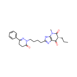 CCC[C@@H]1C(=O)c2nc(CCCCN3N=C(c4ccccc4)CCC3=O)[nH]c2N(C)C1=O ZINC000100034464