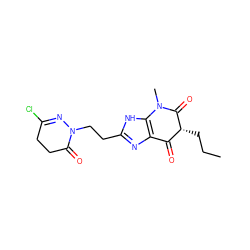 CCC[C@@H]1C(=O)c2nc(CCN3N=C(Cl)CCC3=O)[nH]c2N(C)C1=O ZINC000100034575