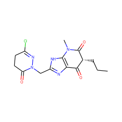 CCC[C@@H]1C(=O)c2nc(CN3N=C(Cl)CCC3=O)[nH]c2N(C)C1=O ZINC000100034591