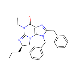 CCC[C@@H]1CN2C(=N1)N(CC)C(=O)c1nc(Cc3ccccc3)n(Cc3ccccc3)c12 ZINC000028524770