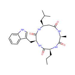 CCC[C@@H]1NC(=O)[C@H](C)NC(=O)C[C@H](CC(C)C)NC(=O)[C@H](Cc2c[nH]c3ccccc23)NC1=O ZINC000084729317