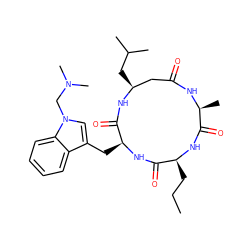 CCC[C@@H]1NC(=O)[C@H](C)NC(=O)C[C@H](CC(C)C)NC(=O)[C@H](Cc2cn(CN(C)C)c3ccccc23)NC1=O ZINC000084653909