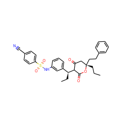 CCC[C@]1(CCc2ccccc2)CC(=O)C([C@@H](CC)c2cccc(NS(=O)(=O)c3ccc(C#N)cc3)c2)C(=O)O1 ZINC000100769859