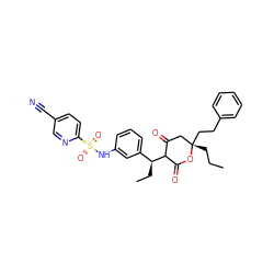 CCC[C@]1(CCc2ccccc2)CC(=O)C([C@@H](CC)c2cccc(NS(=O)(=O)c3ccc(C#N)cn3)c2)C(=O)O1 ZINC000100014498