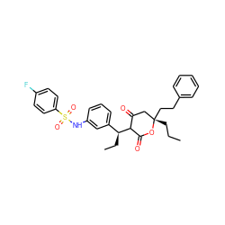 CCC[C@]1(CCc2ccccc2)CC(=O)C([C@@H](CC)c2cccc(NS(=O)(=O)c3ccc(F)cc3)c2)C(=O)O1 ZINC000101279051