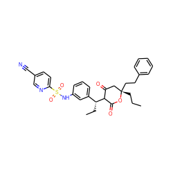 CCC[C@]1(CCc2ccccc2)CC(=O)C([C@H](CC)c2cccc(NS(=O)(=O)c3ccc(C#N)cn3)c2)C(=O)O1 ZINC000100014502