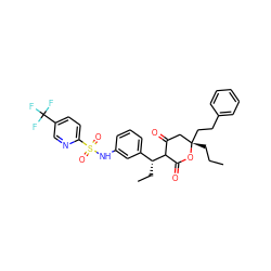 CCC[C@]1(CCc2ccccc2)CC(=O)C([C@H](CC)c2cccc(NS(=O)(=O)c3ccc(C(F)(F)F)cn3)c2)C(=O)O1 ZINC000100040638