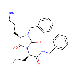 CCC[C@H](C(=O)NCc1ccccc1)N1C(=O)[C@@H](CCCN)N(Cc2ccccc2)C1=O ZINC000026390175