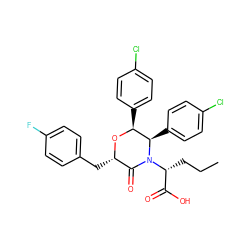 CCC[C@H](C(=O)O)N1C(=O)[C@H](Cc2ccc(F)cc2)O[C@@H](c2ccc(Cl)cc2)[C@H]1c1ccc(Cl)cc1 ZINC000095603156