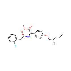 CCC[C@H](C)COc1ccc([C@@H](NC(=O)Cc2ccccc2F)C(=O)OC)cc1 ZINC001772598355