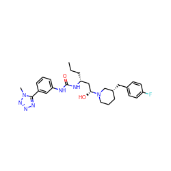 CCC[C@H](C[C@@H](O)N1CCC[C@@H](Cc2ccc(F)cc2)C1)NC(=O)Nc1cccc(-c2nnnn2C)c1 ZINC000029130147