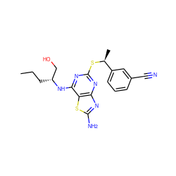 CCC[C@H](CO)Nc1nc(S[C@@H](C)c2cccc(C#N)c2)nc2nc(N)sc12 ZINC000095605073