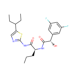 CCC[C@H](NC(=O)[C@@H](O)c1cc(F)cc(F)c1)C(=O)Nc1ncc(C(CC)CC)s1 ZINC000028827423