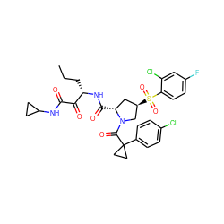 CCC[C@H](NC(=O)[C@@H]1C[C@@H](S(=O)(=O)c2ccc(F)cc2Cl)CN1C(=O)C1(c2ccc(Cl)cc2)CC1)C(=O)C(=O)NC1CC1 ZINC000169702127
