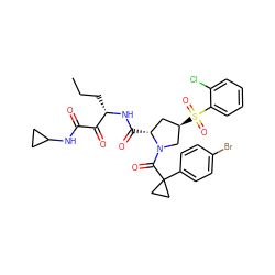 CCC[C@H](NC(=O)[C@@H]1C[C@@H](S(=O)(=O)c2ccccc2Cl)CN1C(=O)C1(c2ccc(Br)cc2)CC1)C(=O)C(=O)NC1CC1 ZINC000169702098