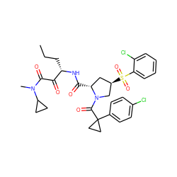 CCC[C@H](NC(=O)[C@@H]1C[C@@H](S(=O)(=O)c2ccccc2Cl)CN1C(=O)C1(c2ccc(Cl)cc2)CC1)C(=O)C(=O)N(C)C1CC1 ZINC000169702126