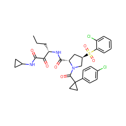 CCC[C@H](NC(=O)[C@@H]1C[C@@H](S(=O)(=O)c2ccccc2Cl)CN1C(=O)C1(c2ccc(Cl)cc2)CC1)C(=O)C(=O)NC1CC1 ZINC000169702091