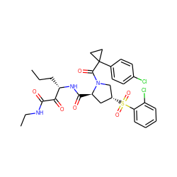 CCC[C@H](NC(=O)[C@@H]1C[C@@H](S(=O)(=O)c2ccccc2Cl)CN1C(=O)C1(c2ccc(Cl)cc2)CC1)C(=O)C(=O)NCC ZINC000148995594