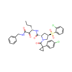 CCC[C@H](NC(=O)[C@@H]1C[C@@H](S(=O)(=O)c2ccccc2Cl)CN1C(=O)C1(c2ccc(Cl)cc2)CC1)C(=O)C(=O)NCc1ccccc1 ZINC000169702114