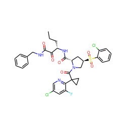 CCC[C@H](NC(=O)[C@@H]1C[C@@H](S(=O)(=O)c2ccccc2Cl)CN1C(=O)C1(c2ncc(Cl)cc2F)CC1)C(=O)C(=O)NCc1ccccc1 ZINC000169702141