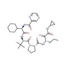 CCC[C@H](NC(=O)[C@@H]1CCCN1C(=O)[C@H](NC(=O)[C@H](NC(=O)c1cnccn1)C1CCCCC1)C(C)(C)C)C(=O)C(=O)NC1CC1 ZINC000096902959