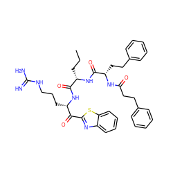 CCC[C@H](NC(=O)[C@H](CCc1ccccc1)NC(=O)CCc1ccccc1)C(=O)N[C@@H](CCCNC(=N)N)C(=O)c1nc2ccccc2s1 ZINC001772612222