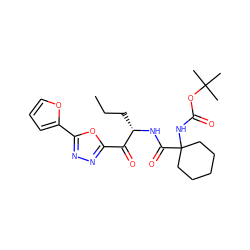 CCC[C@H](NC(=O)C1(NC(=O)OC(C)(C)C)CCCCC1)C(=O)c1nnc(-c2ccco2)o1 ZINC000040565375