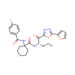 CCC[C@H](NC(=O)C1(NC(=O)c2ccc(F)cc2)CCCCC1)C(=O)c1nnc(-c2ccco2)o1 ZINC000040763045