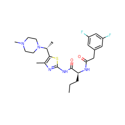 CCC[C@H](NC(=O)Cc1cc(F)cc(F)c1)C(=O)Nc1nc(C)c([C@@H](C)N2CCN(C)CC2)s1 ZINC000028827413