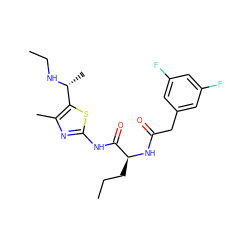 CCC[C@H](NC(=O)Cc1cc(F)cc(F)c1)C(=O)Nc1nc(C)c([C@@H](C)NCC)s1 ZINC000028827372