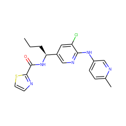 CCC[C@H](NC(=O)c1nccs1)c1cnc(Nc2ccc(C)nc2)c(Cl)c1 ZINC000473104946