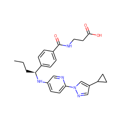 CCC[C@H](Nc1ccc(-n2cc(C3CC3)cn2)nc1)c1ccc(C(=O)NCCC(=O)O)cc1 ZINC000096170576