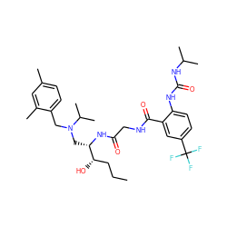 CCC[C@H](O)[C@H](CN(Cc1ccc(C)cc1C)C(C)C)NC(=O)CNC(=O)c1cc(C(F)(F)F)ccc1NC(=O)NC(C)C ZINC000084616323