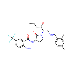 CCC[C@H](O)[C@H](CNCc1ccc(C)cc1C)N1CC[C@H](NC(=O)c2cc(C(F)(F)F)ccc2N)C1=O ZINC000003986216