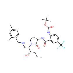 CCC[C@H](O)[C@H](CNCc1ccc(C)cc1C)N1CC[C@H](NC(=O)c2cc(C(F)(F)F)ccc2NC(=O)OC(C)(C)C)C1=O ZINC000003986215