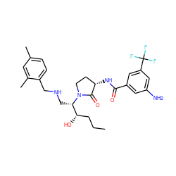 CCC[C@H](O)[C@H](CNCc1ccc(C)cc1C)N1CC[C@H](NC(=O)c2cc(N)cc(C(F)(F)F)c2)C1=O ZINC000003986217