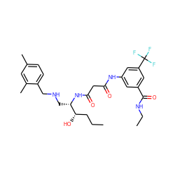 CCC[C@H](O)[C@H](CNCc1ccc(C)cc1C)NC(=O)CC(=O)Nc1cc(C(=O)NCC)cc(C(F)(F)F)c1 ZINC000084616317