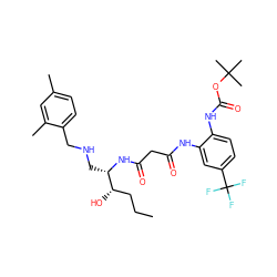 CCC[C@H](O)[C@H](CNCc1ccc(C)cc1C)NC(=O)CC(=O)Nc1cc(C(F)(F)F)ccc1NC(=O)OC(C)(C)C ZINC000084617337