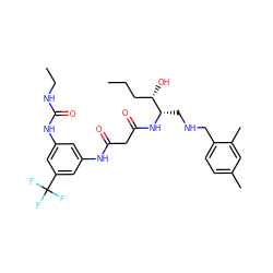 CCC[C@H](O)[C@H](CNCc1ccc(C)cc1C)NC(=O)CC(=O)Nc1cc(NC(=O)NCC)cc(C(F)(F)F)c1 ZINC000084633155