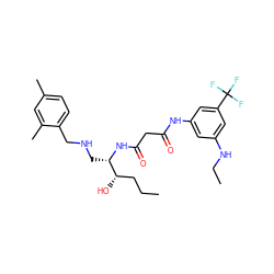 CCC[C@H](O)[C@H](CNCc1ccc(C)cc1C)NC(=O)CC(=O)Nc1cc(NCC)cc(C(F)(F)F)c1 ZINC000084617343