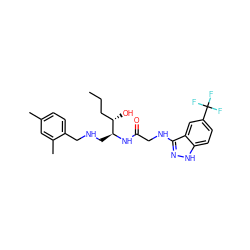 CCC[C@H](O)[C@H](CNCc1ccc(C)cc1C)NC(=O)CNc1n[nH]c2ccc(C(F)(F)F)cc12 ZINC000084596765