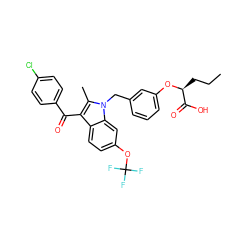 CCC[C@H](Oc1cccc(Cn2c(C)c(C(=O)c3ccc(Cl)cc3)c3ccc(OC(F)(F)F)cc32)c1)C(=O)O ZINC000043011343