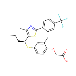 CCC[C@H](Sc1ccc(OCC(=O)O)c(C)c1)c1sc(-c2ccc(C(F)(F)F)cc2)nc1C ZINC000084726581