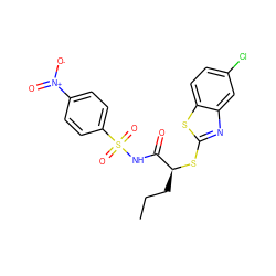 CCC[C@H](Sc1nc2cc(Cl)ccc2s1)C(=O)NS(=O)(=O)c1ccc([N+](=O)[O-])cc1 ZINC000653729544