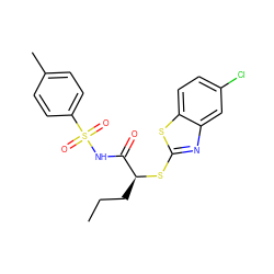 CCC[C@H](Sc1nc2cc(Cl)ccc2s1)C(=O)NS(=O)(=O)c1ccc(C)cc1 ZINC000653740469